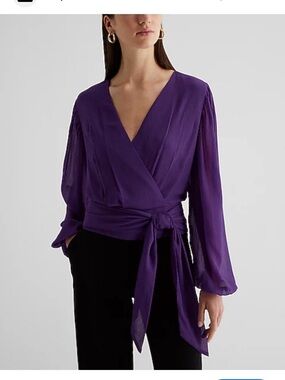 Express- Dressy Purple Faux Wrap Blouse with Tie Waist Sheer Arms NWT size Large
